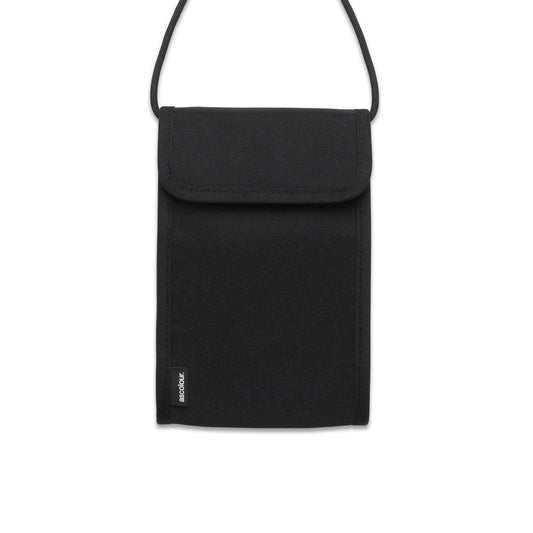 Black crossbody bag with a visible brand logo on a white background