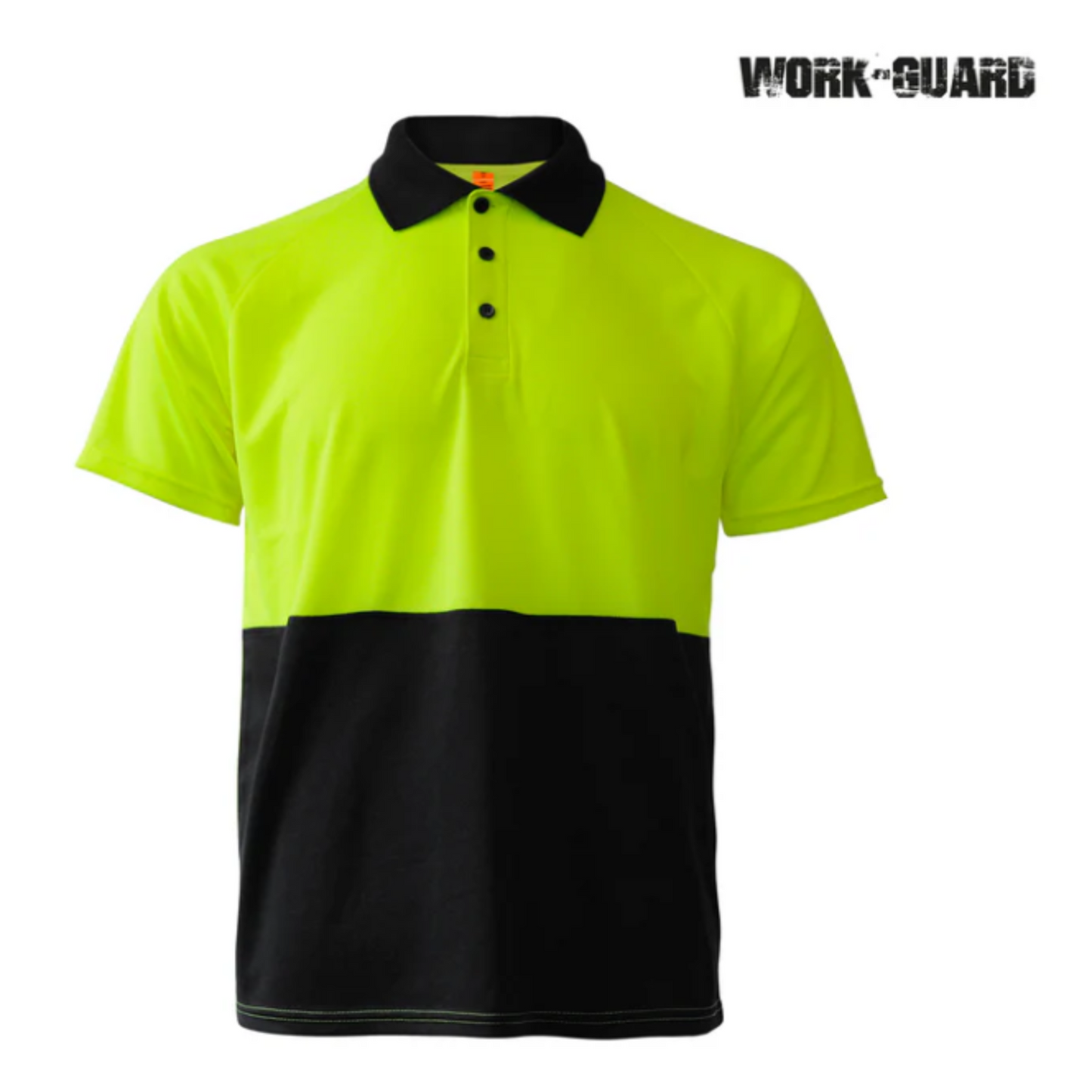 Two-tone yellow and black polo shirt with 'Work Guard' branding on a white background