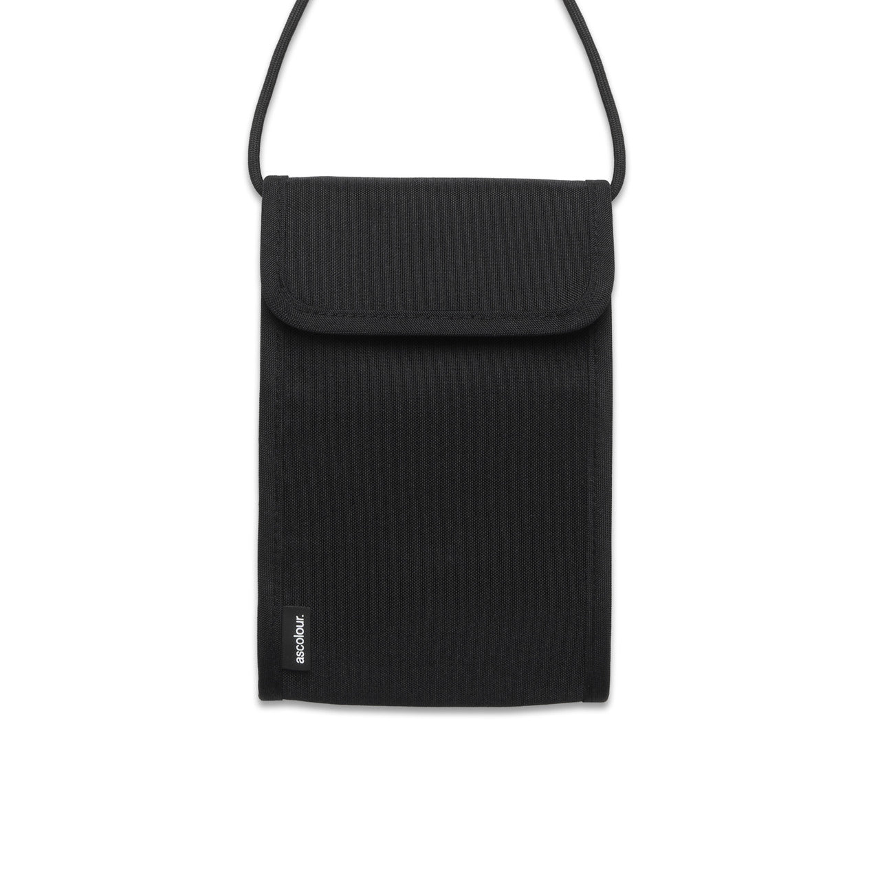 Black crossbody bag with a visible brand logo on a white background