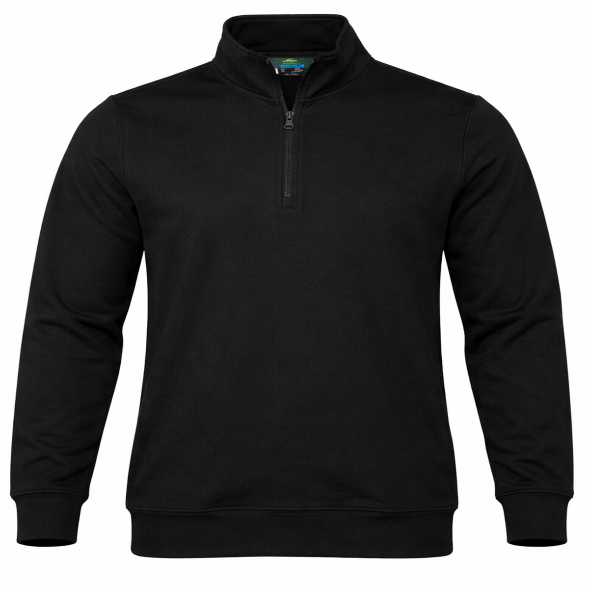 A black long-sleeve quarter-zip pullover sweatshirt with a mock neck collar, displayed on a clean white background.