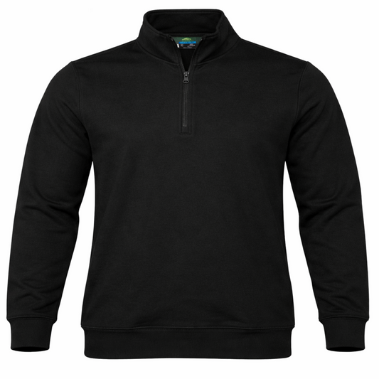 A black long-sleeve quarter-zip pullover sweatshirt with a mock neck collar, displayed on a clean white background.