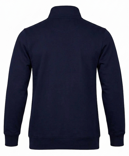 A dark navy blue long-sleeve sweatshirt shown from the back, featuring a mock neck collar and ribbed cuffs and hem, displayed on a clean white background.