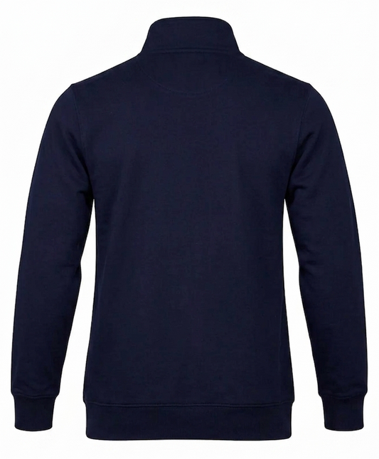 A dark navy blue long-sleeve sweatshirt shown from the back, featuring a mock neck collar and ribbed cuffs and hem, displayed on a clean white background.