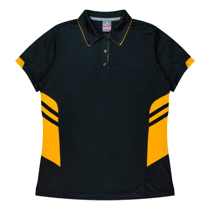 A women's short-sleeve polo shirt in black with bright yellow contrast panels on the sides and collar trim, featuring a three-button placket.