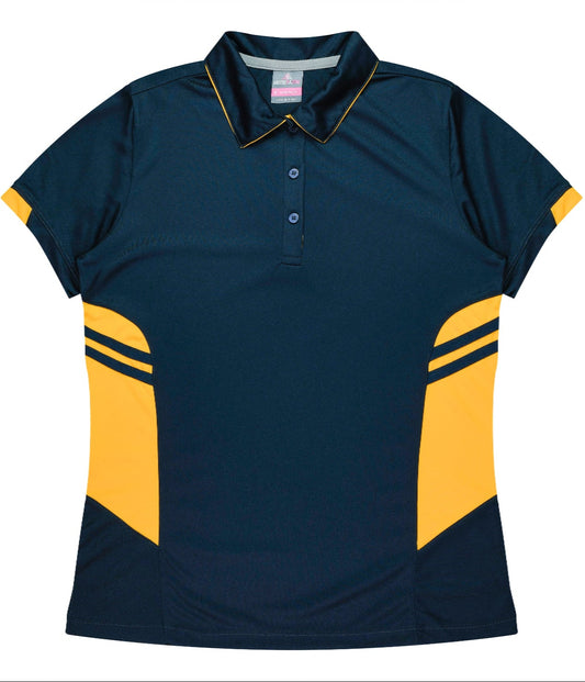 Navy blue polo shirt with yellow accents on a white background