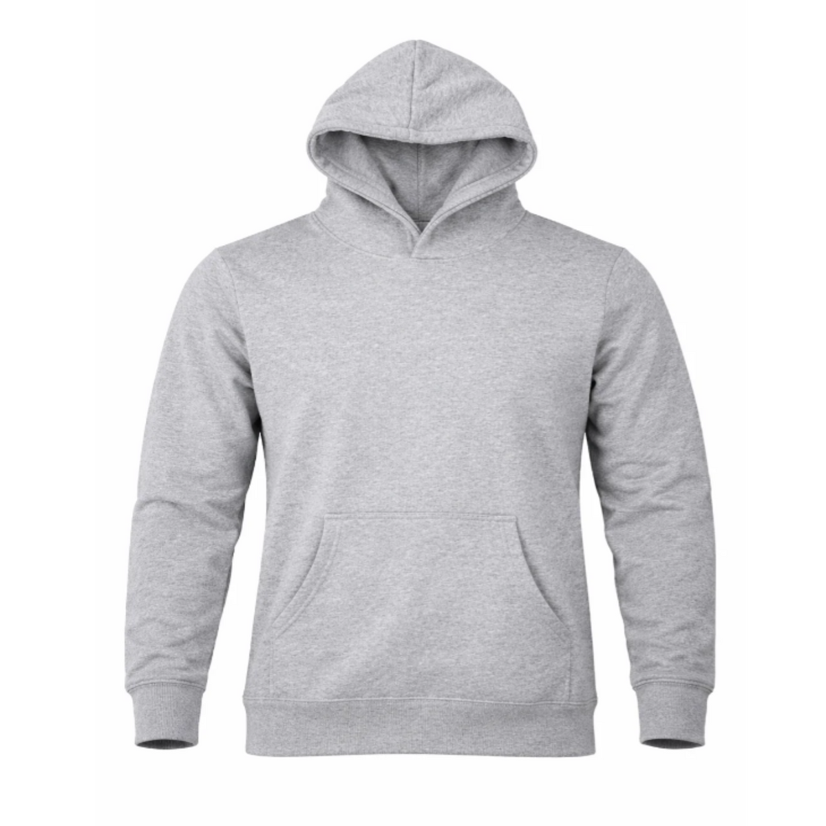 A light gray heather pullover hoodie with a front kangaroo pocket, shown on a plain white background.