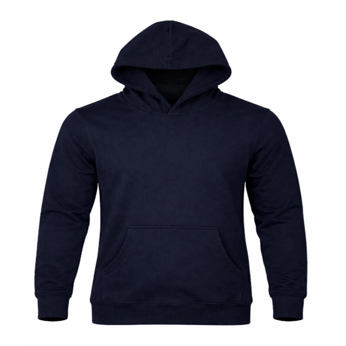 A dark navy blue pullover hoodie with a front kangaroo pocket, shown on a plain white background.