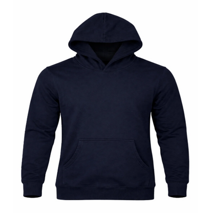 A dark navy blue pullover hoodie with a front kangaroo pocket, shown on a plain white background.