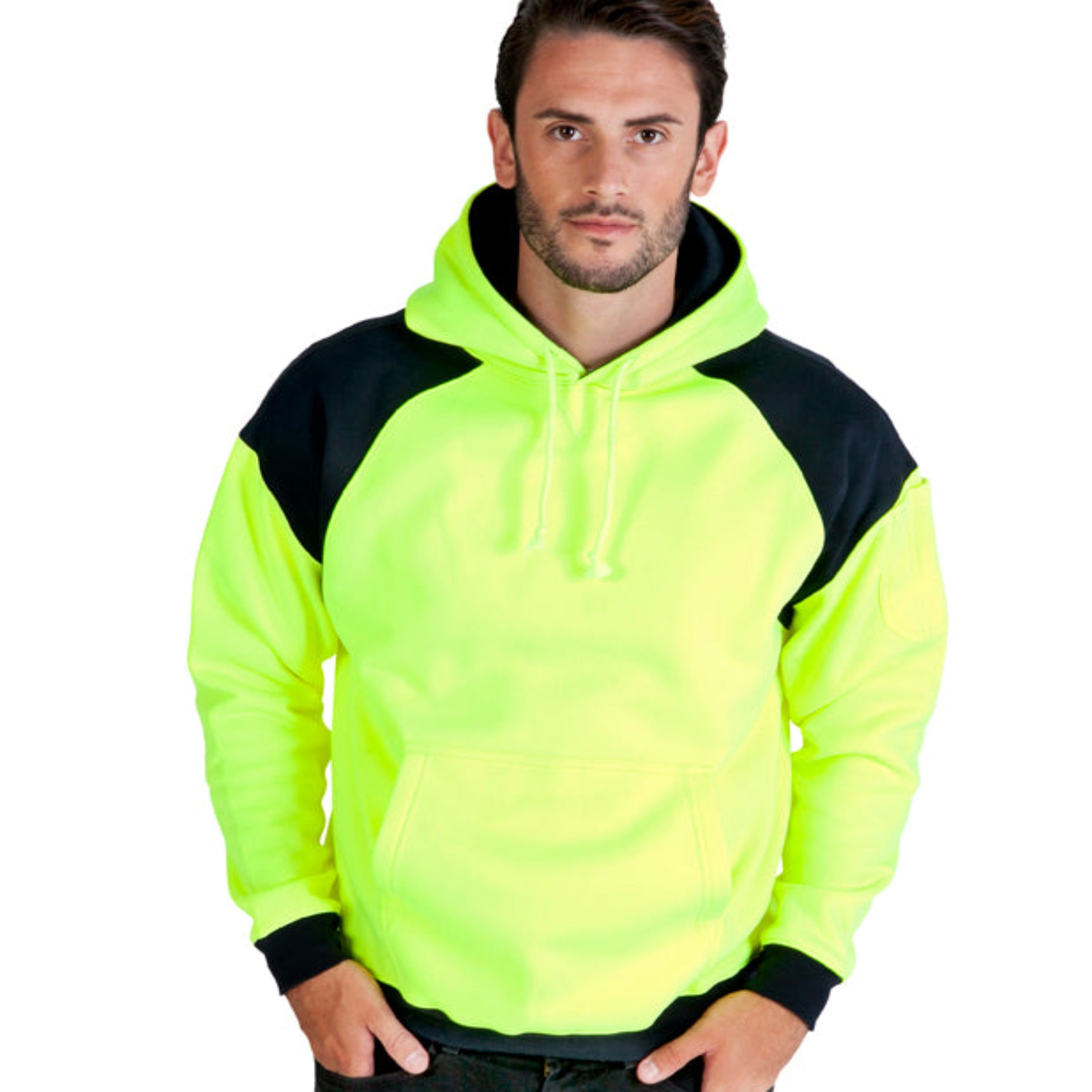 Man wearing a high-visibility yellow and black hoodie on a white background
