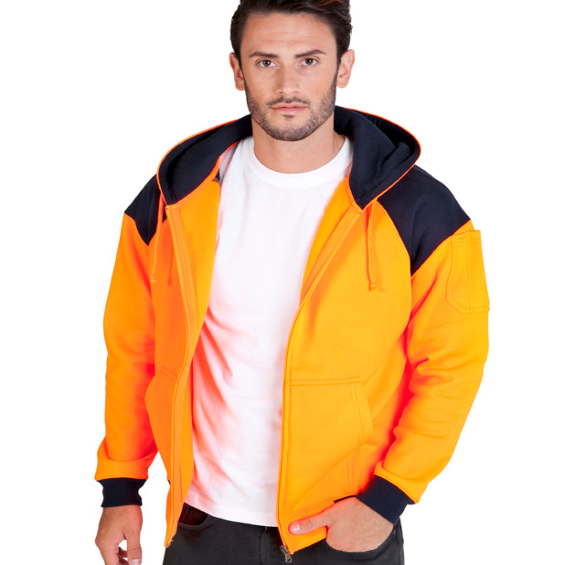 Man wearing a bright orange and black jacket on a white background
