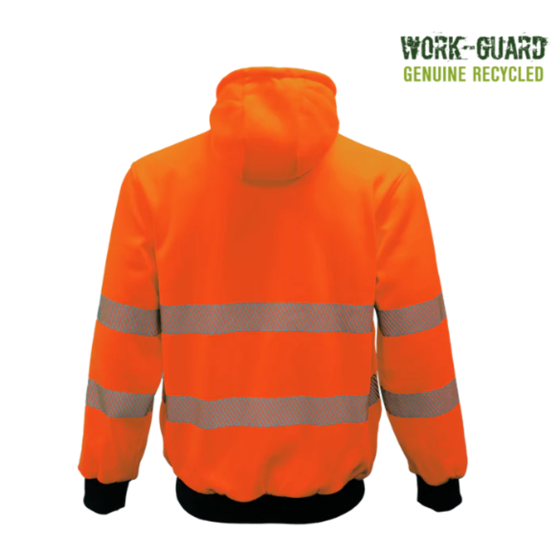 Orange safety jacket with reflective stripes on a white background, featuring 'Work-Guard' branding.