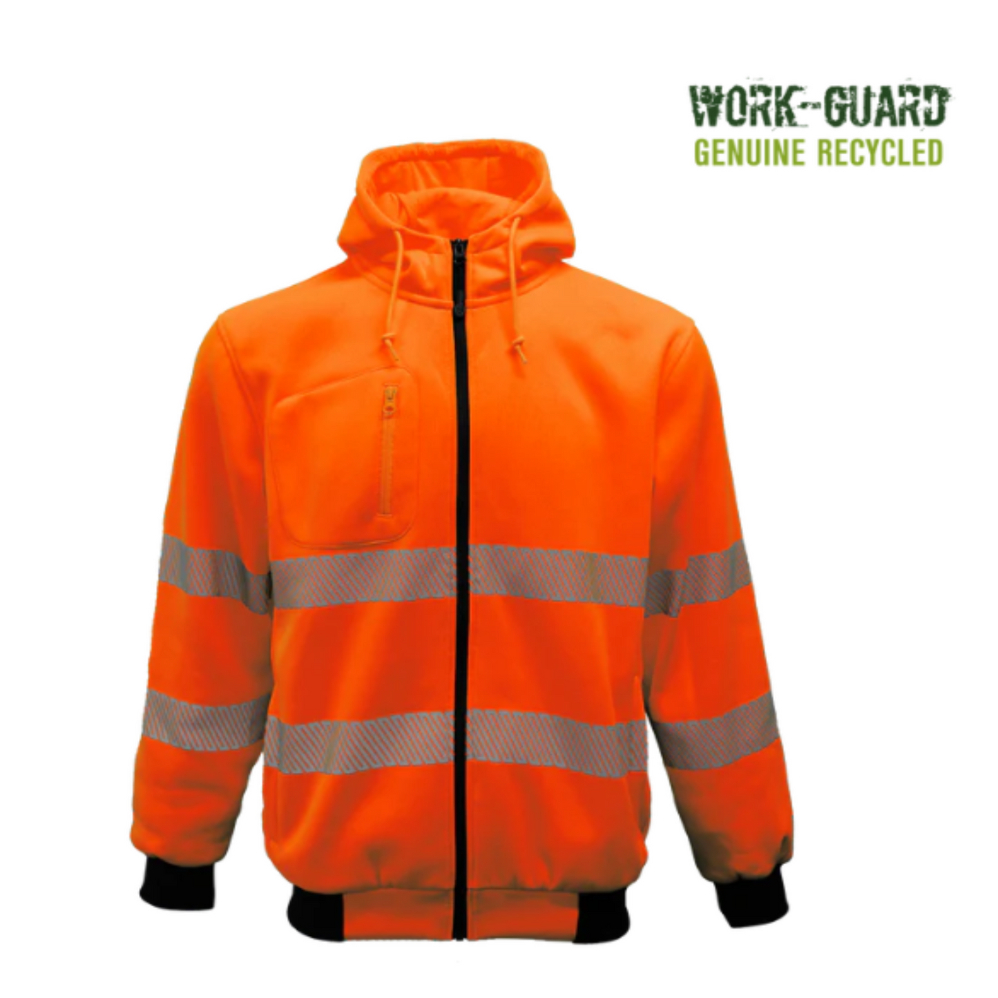 Orange safety jacket with reflective stripes on a white background, branded 'Work-Guard'.