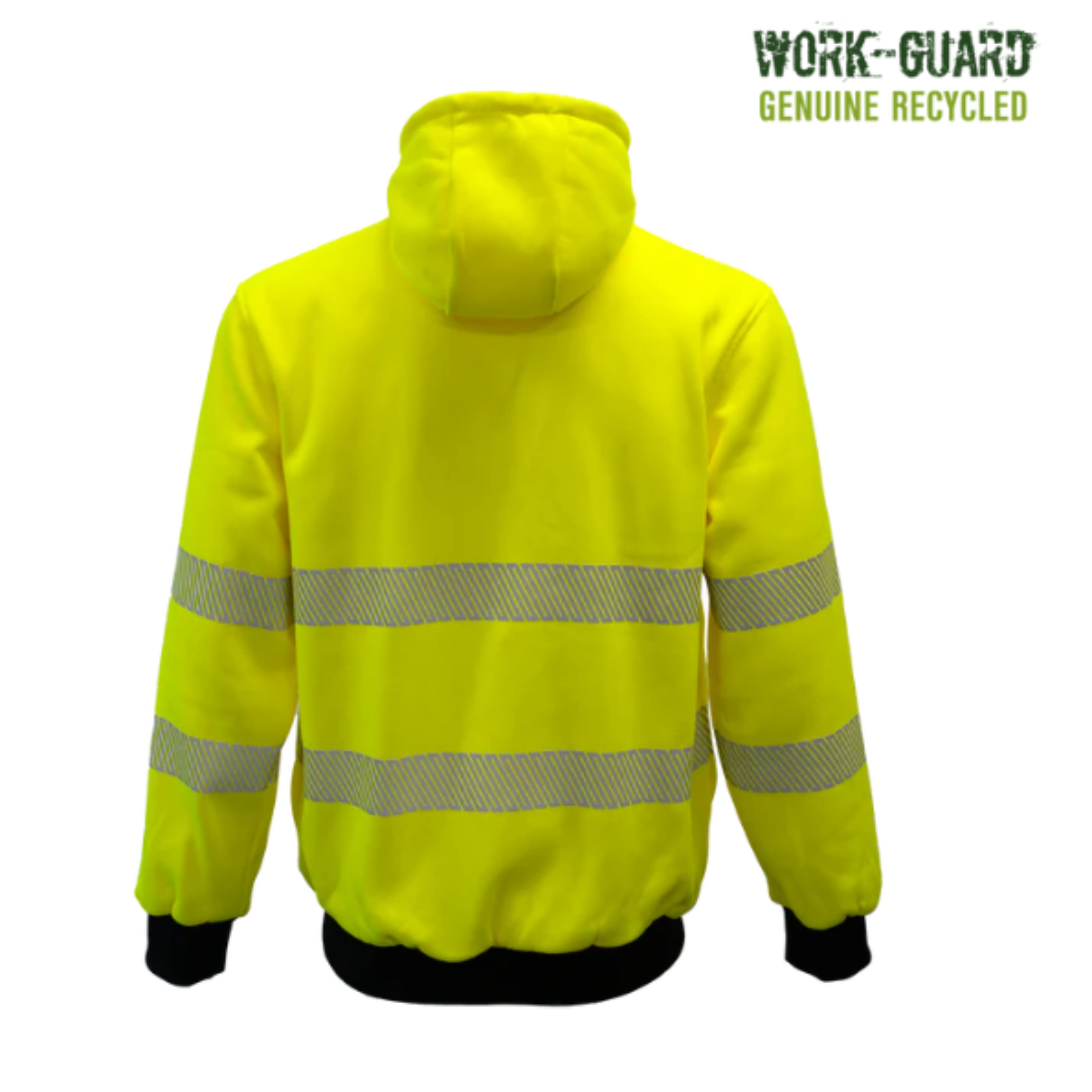 Yellow safety jacket with reflective stripes on a white background, featuring 'Work-Guard' branding.