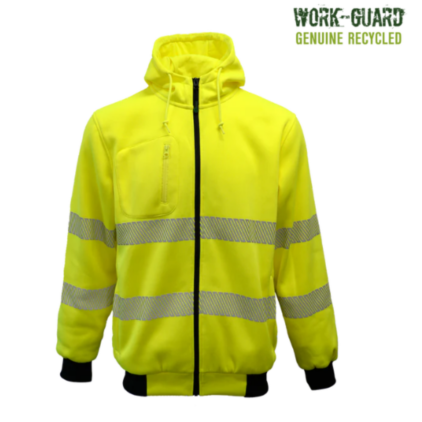 Yellow safety jacket with reflective stripes on a white background, featuring 'Work-Guard' branding.