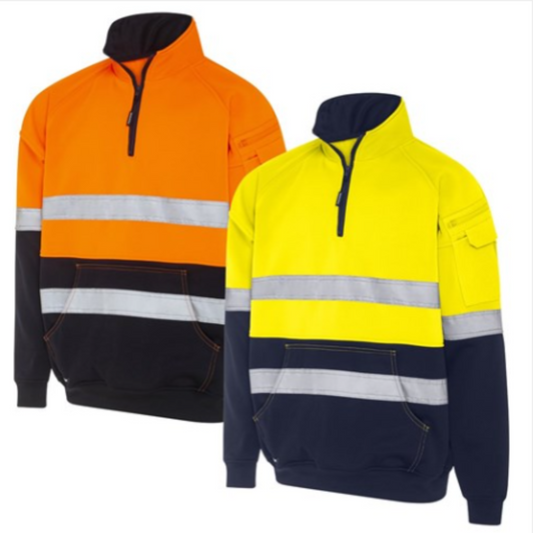 Two high-visibility jackets, one orange and black, the other yellow and navy, on a white background.