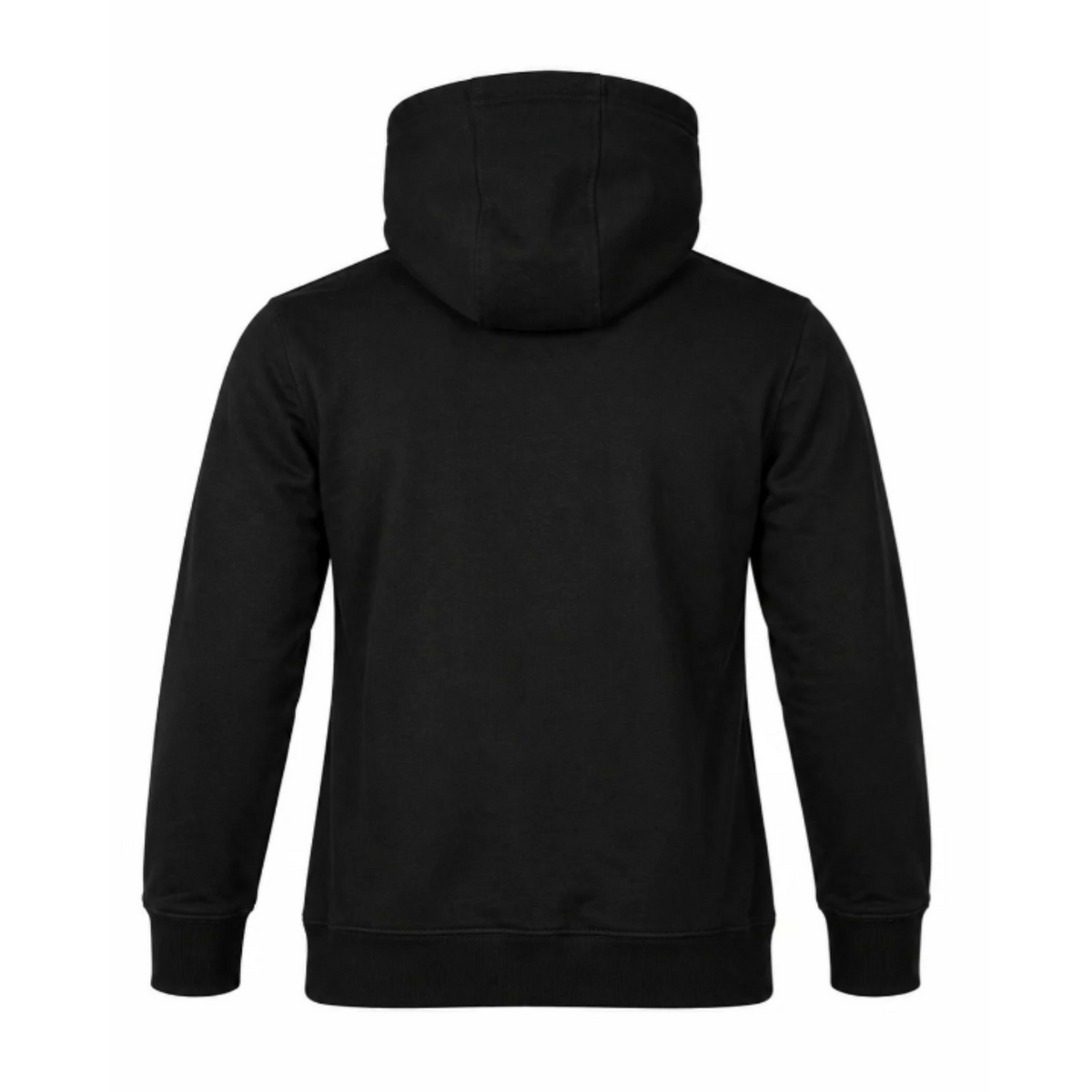 A black hooded sweatshirt shown from the back, photographed on a plain white background.