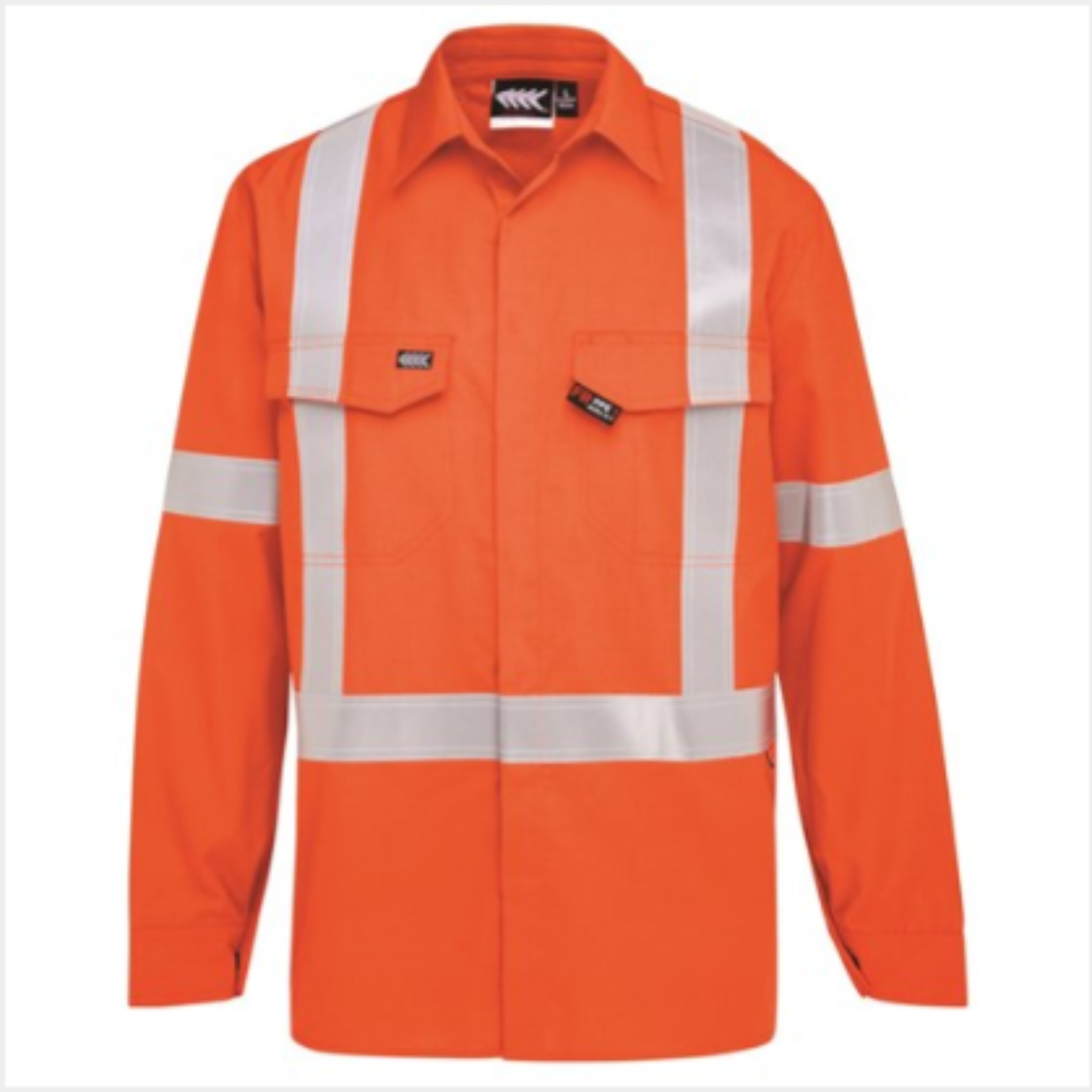 Orange safety jacket with reflective stripes on a white background