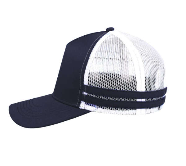Navy blue and white mesh cap on a white background