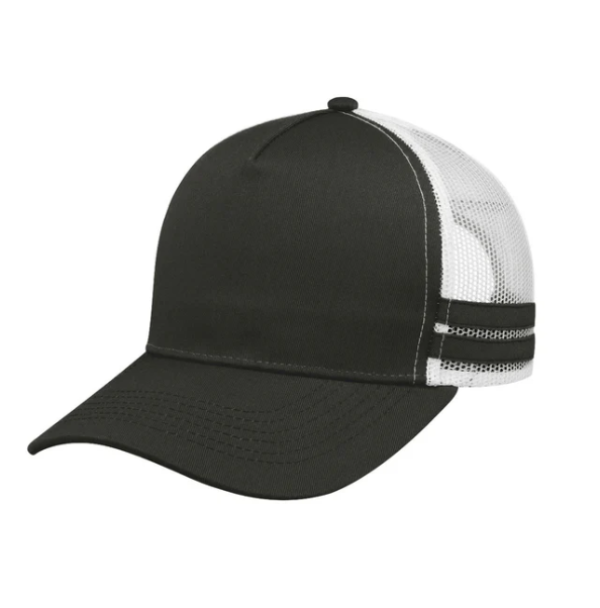 Black and white cap with mesh back on a white background