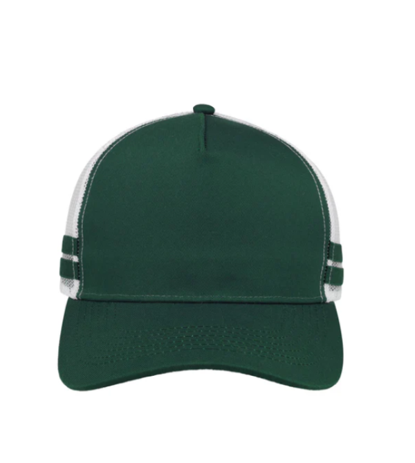 Green and white cap with mesh back on a white background