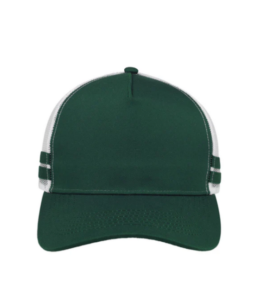 Green and white cap with mesh back on a white background
