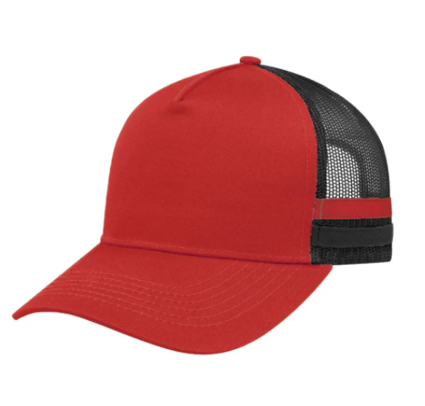 Red cap with black mesh back on a white background