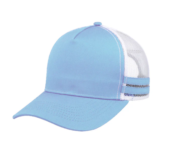 Light blue cap with white mesh back on a white background