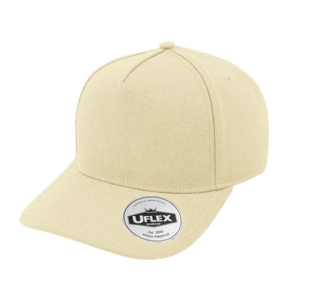Beige cap with a UFlex logo on a white background