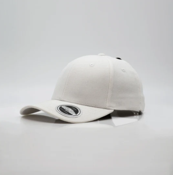 White baseball cap with a logo on a light gray background
