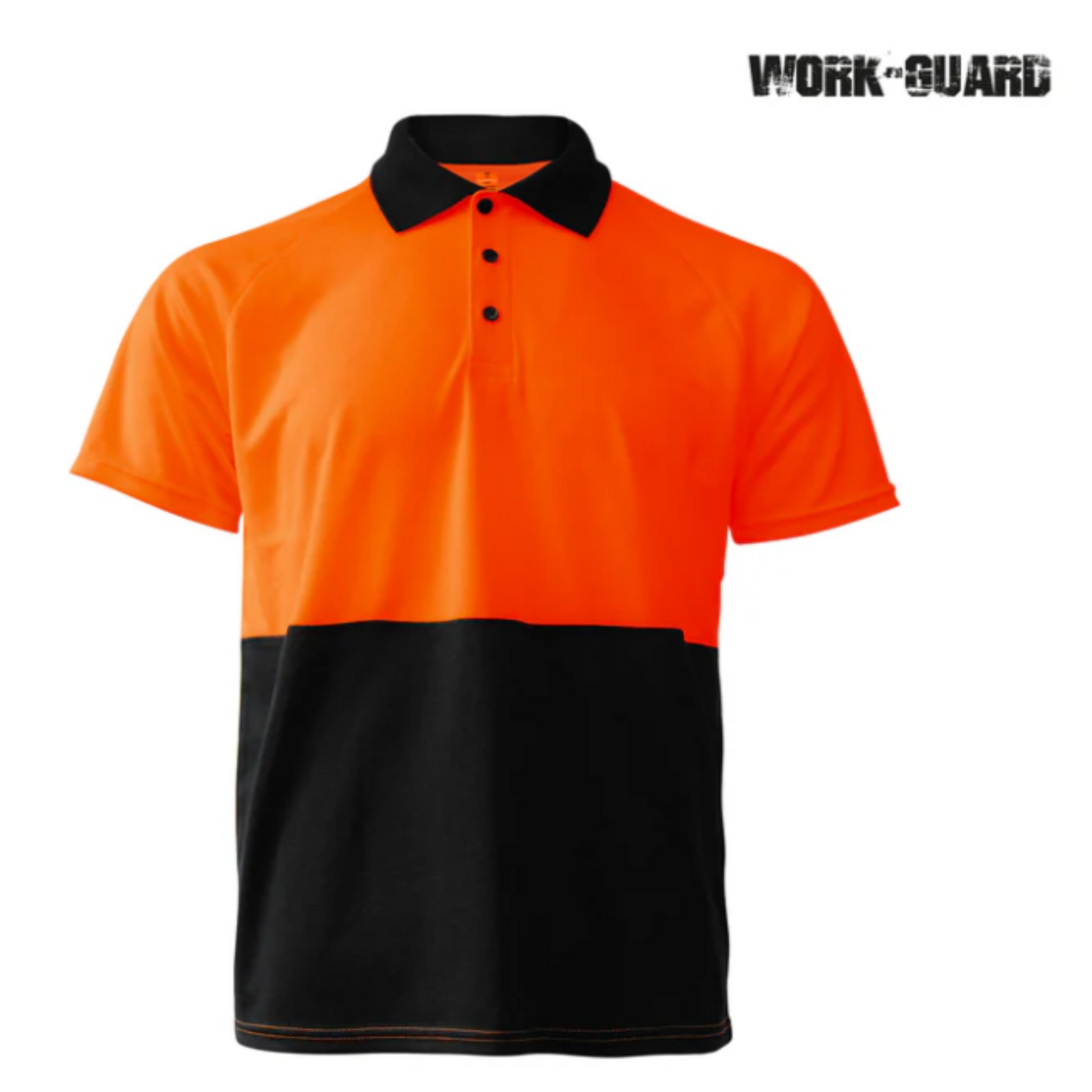 Orange and black polo shirt with 'Work-Guard' branding on a white background